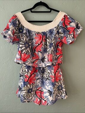 Parker White Off-Shoulder Floral Romper with Red & Blue Floral Accents